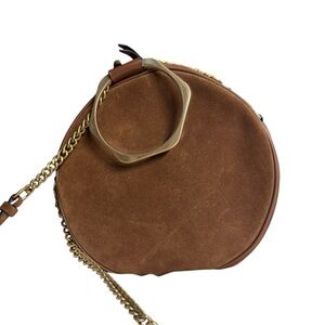 Brown Suede Round Crossbody Bag with Gold Chain new no tags